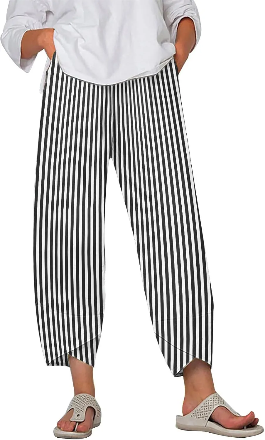 Striped Linen Pants for Women Summer Wide Leg Cropped Palazzo Trousers Casual Comfy Capri Baggy Pants with Pockets