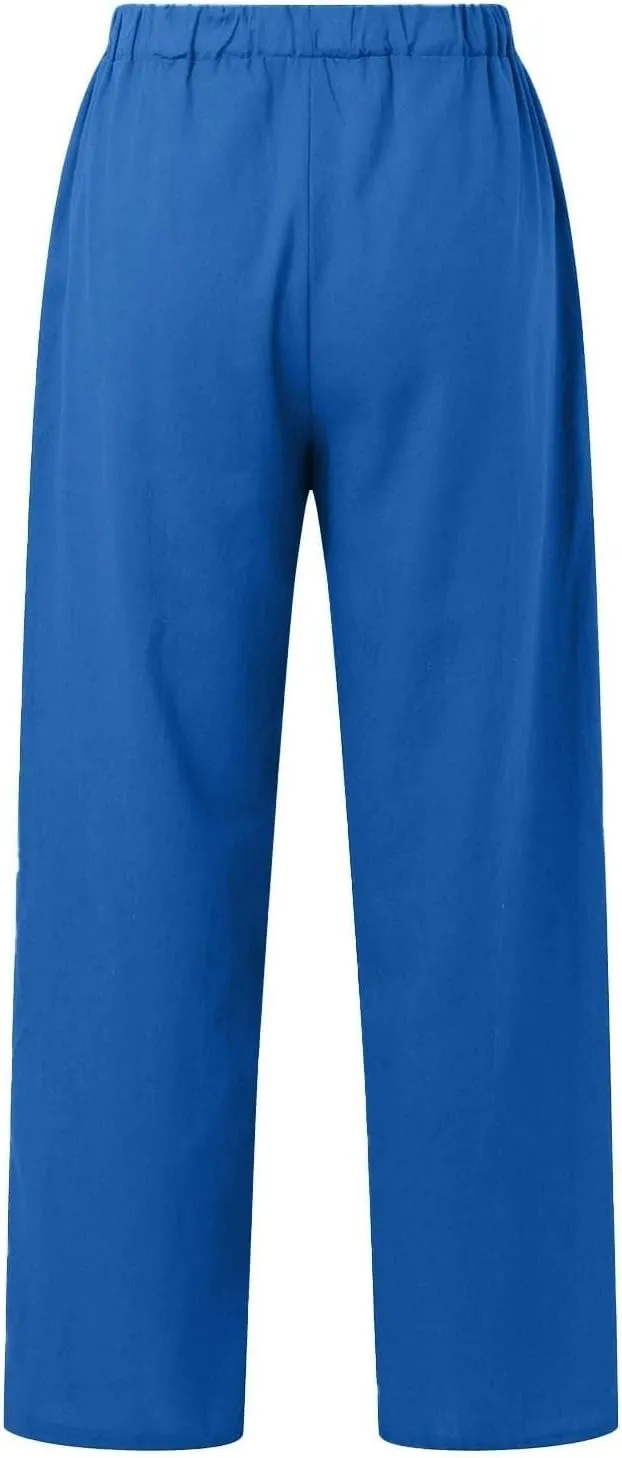 Summer Casual Trousers Pants for Women Flowy Straight Leg Cotton Linen Pants with Pockets Loose Fit Fashion Outfits