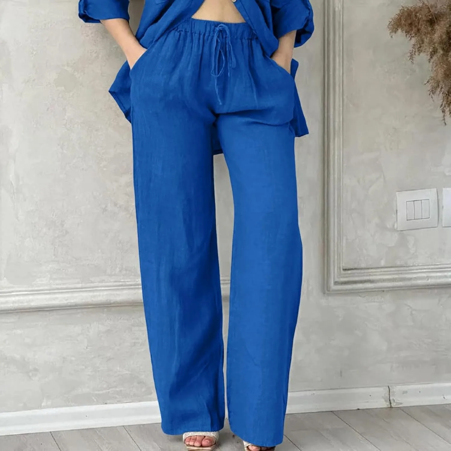 Summer Casual Trousers Pants for Women Flowy Straight Leg Cotton Linen Pants with Pockets Loose Fit Fashion Outfits