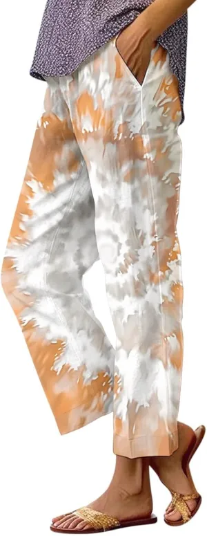 Summer Pants for Women 2025 Vacation Casual Boho Floral Print Cotton Linen Pants Fashion Wide Leg Stripe Lounge Pant