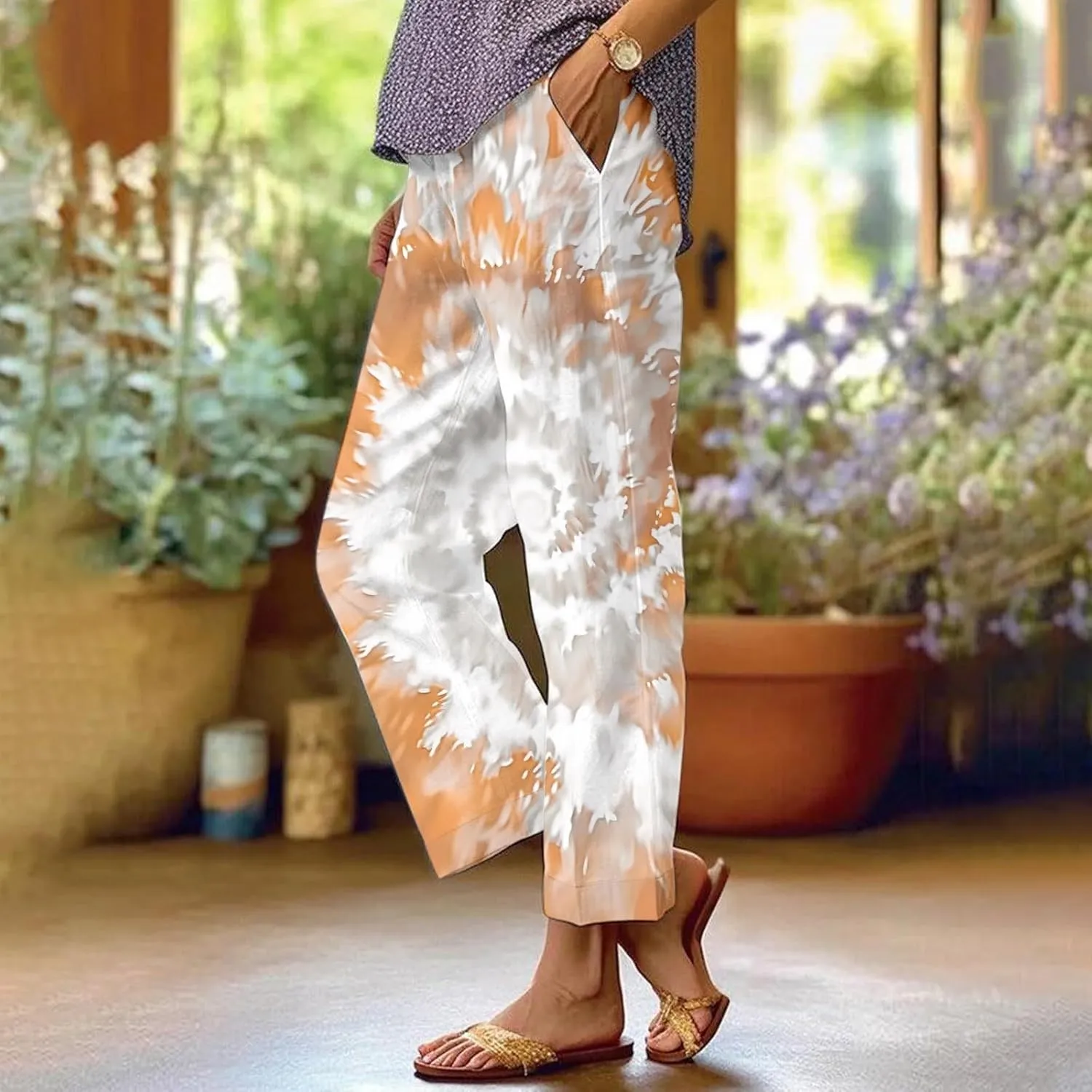 Summer Pants for Women 2025 Vacation Casual Boho Floral Print Cotton Linen Pants Fashion Wide Leg Stripe Lounge Pant