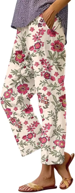 Summer Pants for Women 2025 Vacation Casual Boho Floral Print Cotton Linen Pants Fashion Wide Leg Stripe Lounge Pant
