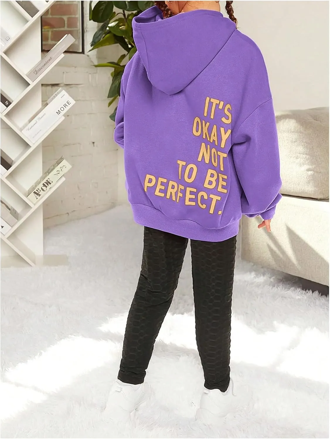 SweatyRocks Girl's Letter Print Hooded Sweatshirt Long Sleeve Oversized Pullover Tops