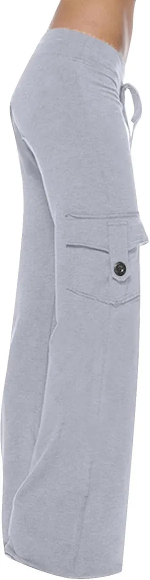 TANGNADE Womens Cargo Pants High Waist Wide Leg Pants with Pockets Drawstring Yoga Workout Leggings Gym Trouser Pants