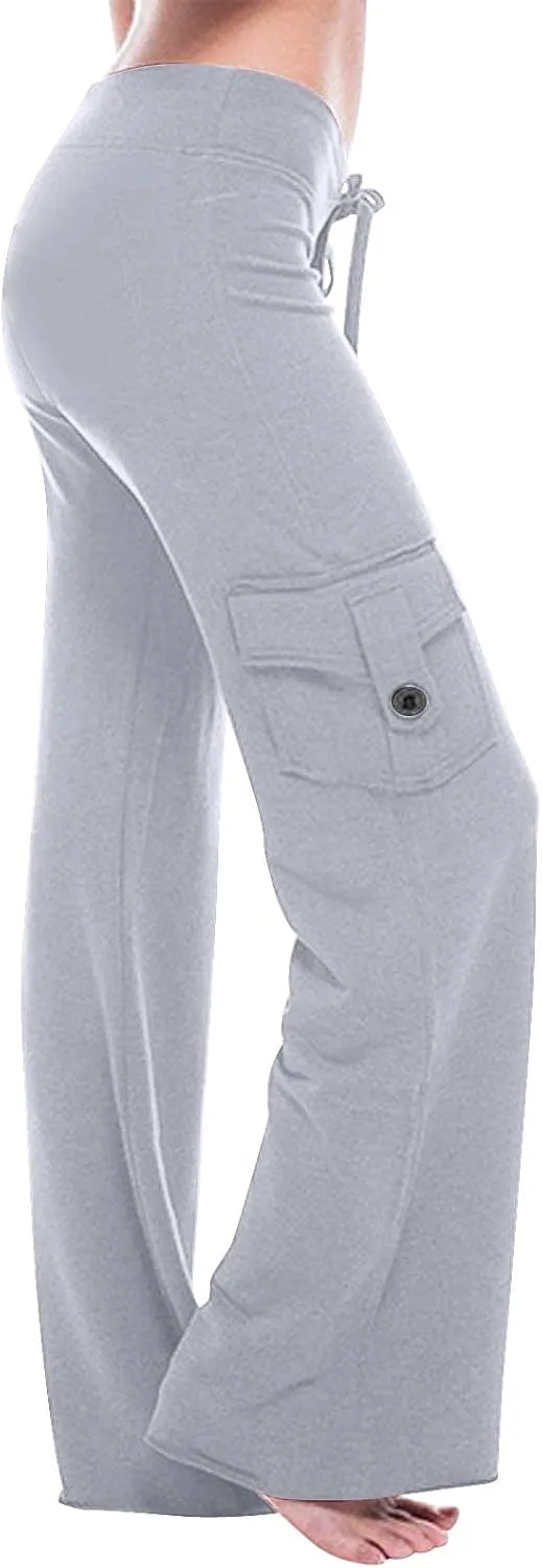 TANGNADE Womens Cargo Pants High Waist Wide Leg Pants with Pockets Drawstring Yoga Workout Leggings Gym Trouser Pants