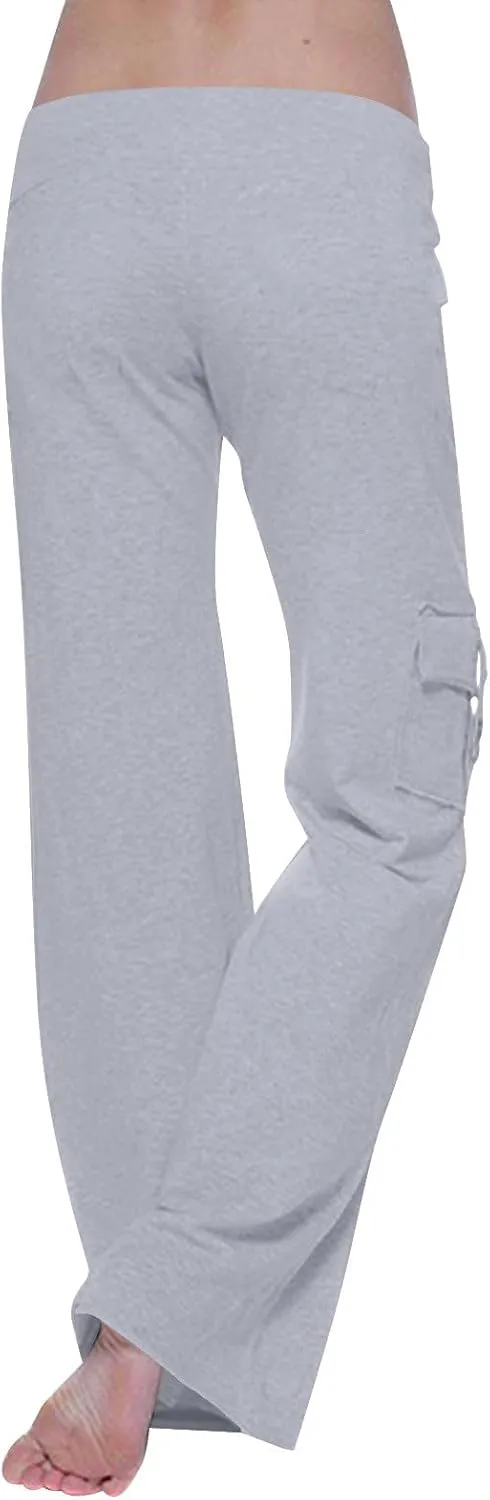 TANGNADE Womens Cargo Pants High Waist Wide Leg Pants with Pockets Drawstring Yoga Workout Leggings Gym Trouser Pants