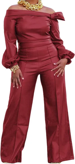 Tcremisa Women's Faux Leather 2 Piece Outfits Sexy Long Sleeve Off Shoulder Crop Tops and Pu Wide Leg Pants Set