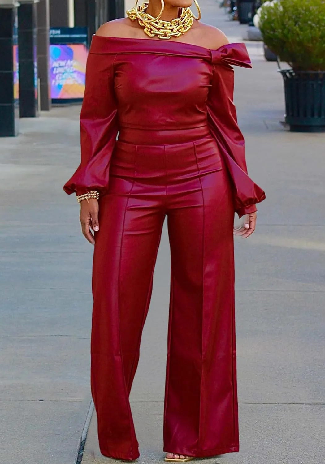 Tcremisa Women's Faux Leather 2 Piece Outfits Sexy Long Sleeve Off Shoulder Crop Tops and Pu Wide Leg Pants Set