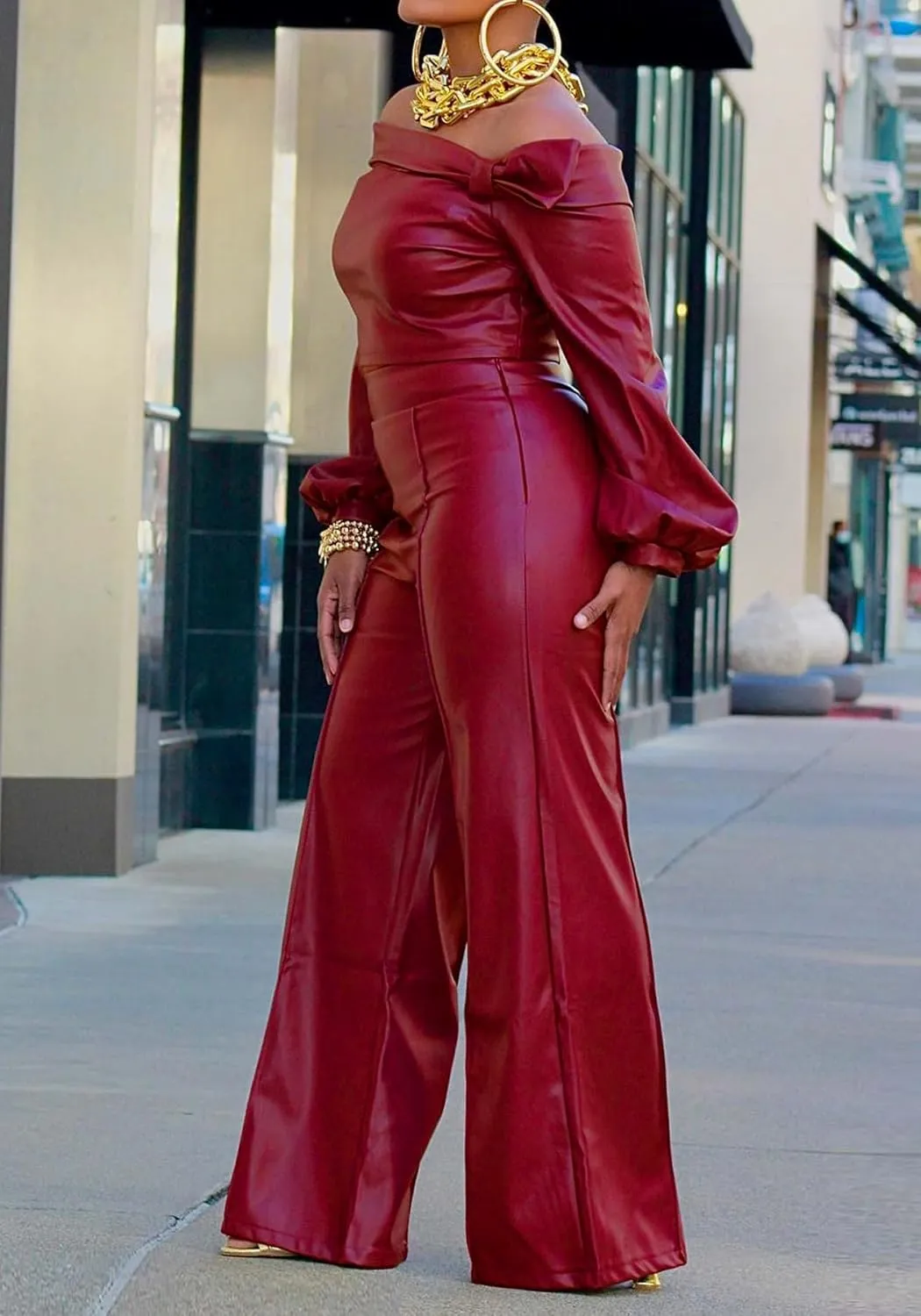 Tcremisa Women's Faux Leather 2 Piece Outfits Sexy Long Sleeve Off Shoulder Crop Tops and Pu Wide Leg Pants Set