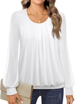 Timeson Women's Long Sleeve Scoop Neck Pleated Front Fitted Blouse Tops