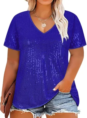 TIYOMI Plus Size Sequin Tops Short Sleeve Shirts for Women V-Neck Party Sparkly Tunics XL-5XL
