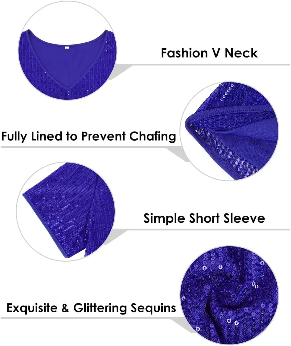 TIYOMI Plus Size Sequin Tops Short Sleeve Shirts for Women V-Neck Party Sparkly Tunics XL-5XL