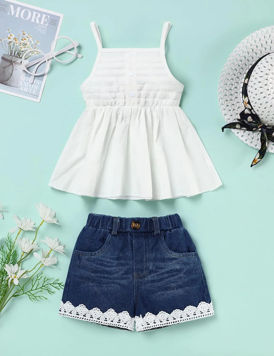 Toddler Girls Clothes Sleeveless Camisole Ruffle Tops and Jean Short Sets 1-7T Girl Clothes