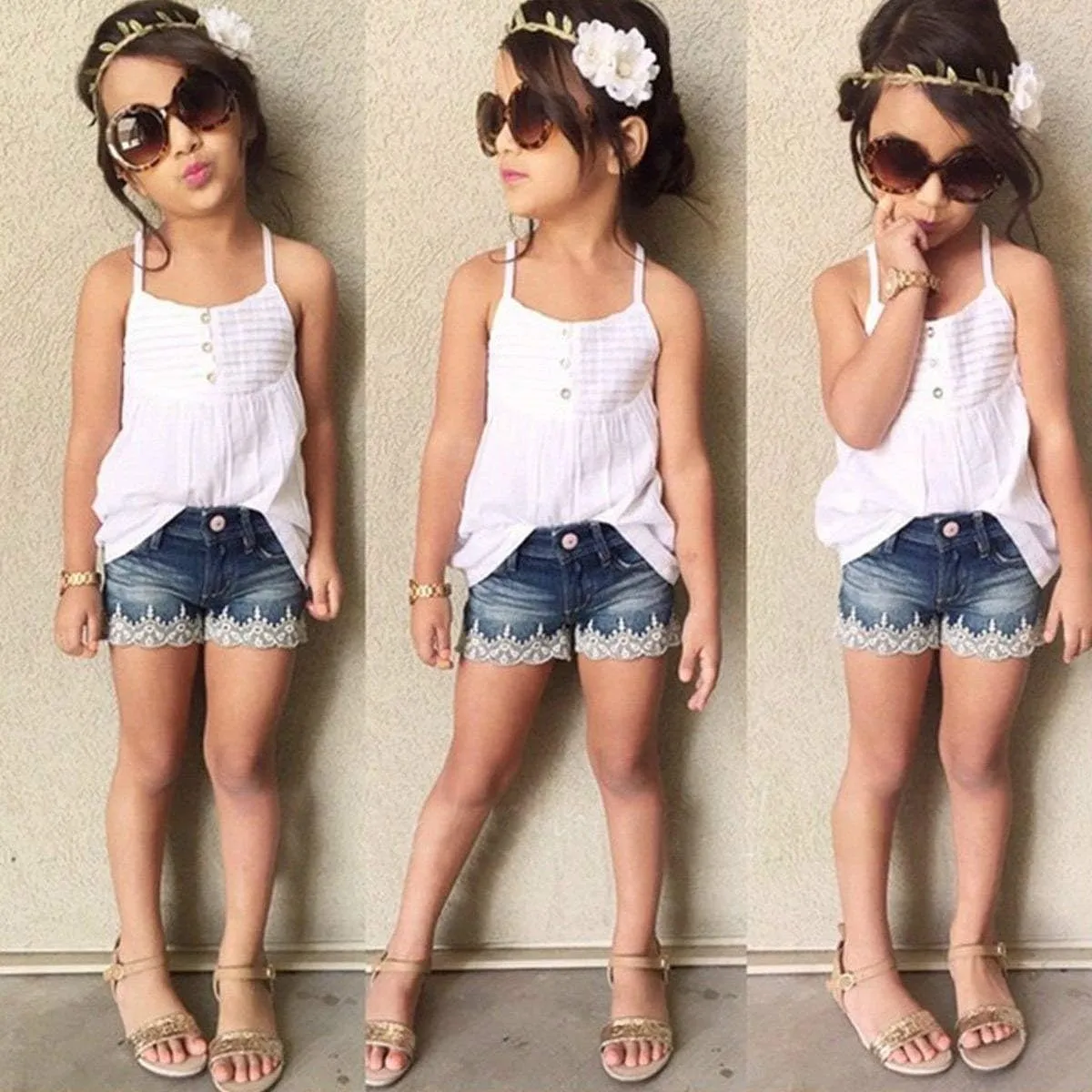 Toddler Girls Clothes Sleeveless Camisole Ruffle Tops and Jean Short Sets 1-7T Girl Clothes