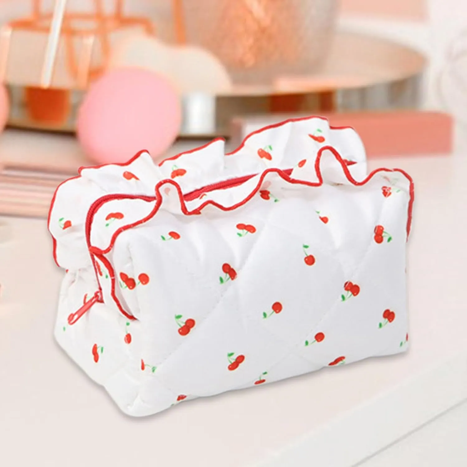 Toiletry Bag - Floral Quilted Makeup Pouch | Multipurpose Travel Makeup Organizer, Cosmetic Organizer Pouch, Calico Fabric Storage Purse for Girls Women, 7.1x4.3x3.9in