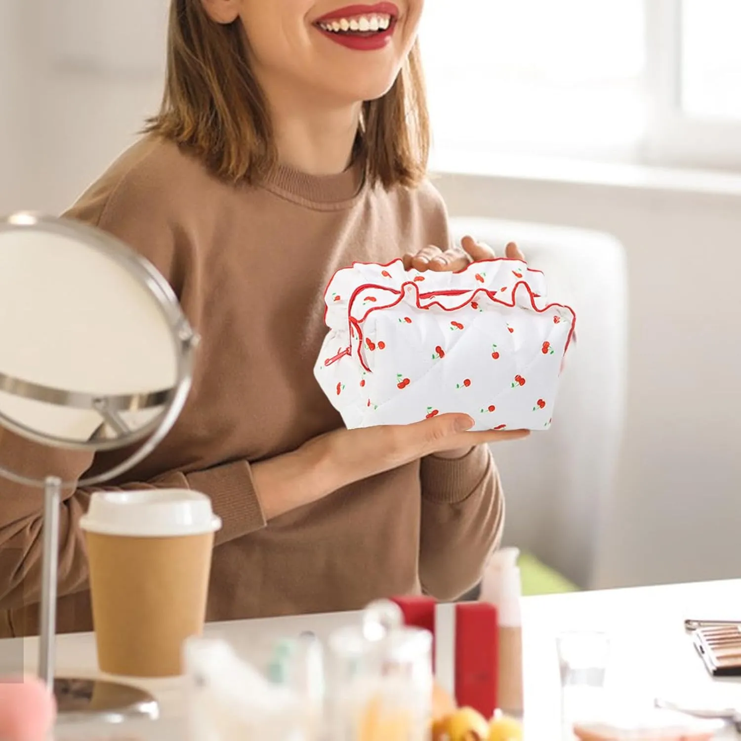 Toiletry Bag - Floral Quilted Makeup Pouch | Multipurpose Travel Makeup Organizer, Cosmetic Organizer Pouch, Calico Fabric Storage Purse for Girls Women, 7.1x4.3x3.9in