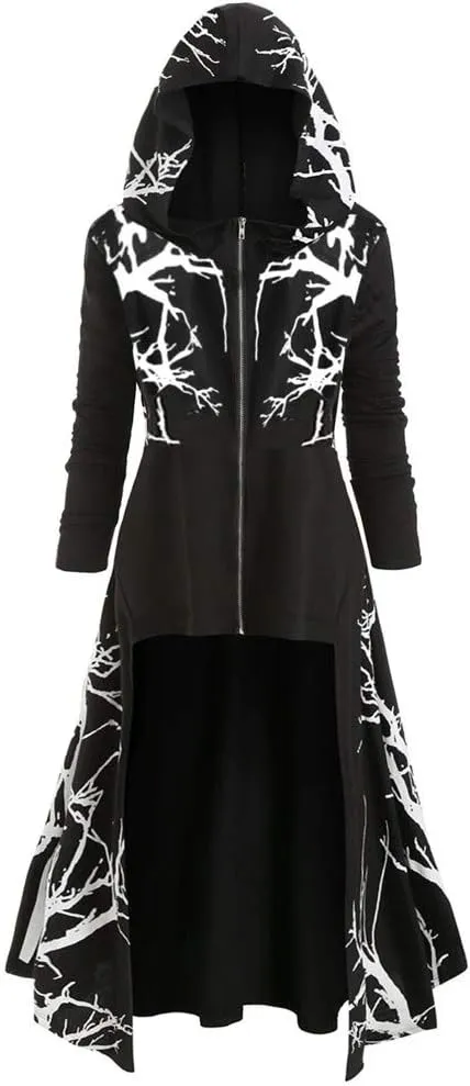 Tomppy Womens Hooded Robe Vintage Lace Up Long Sleeve Cosplay Cloak Gothic Punk Renaissance Costumes High Low Irregular Sweater Tops