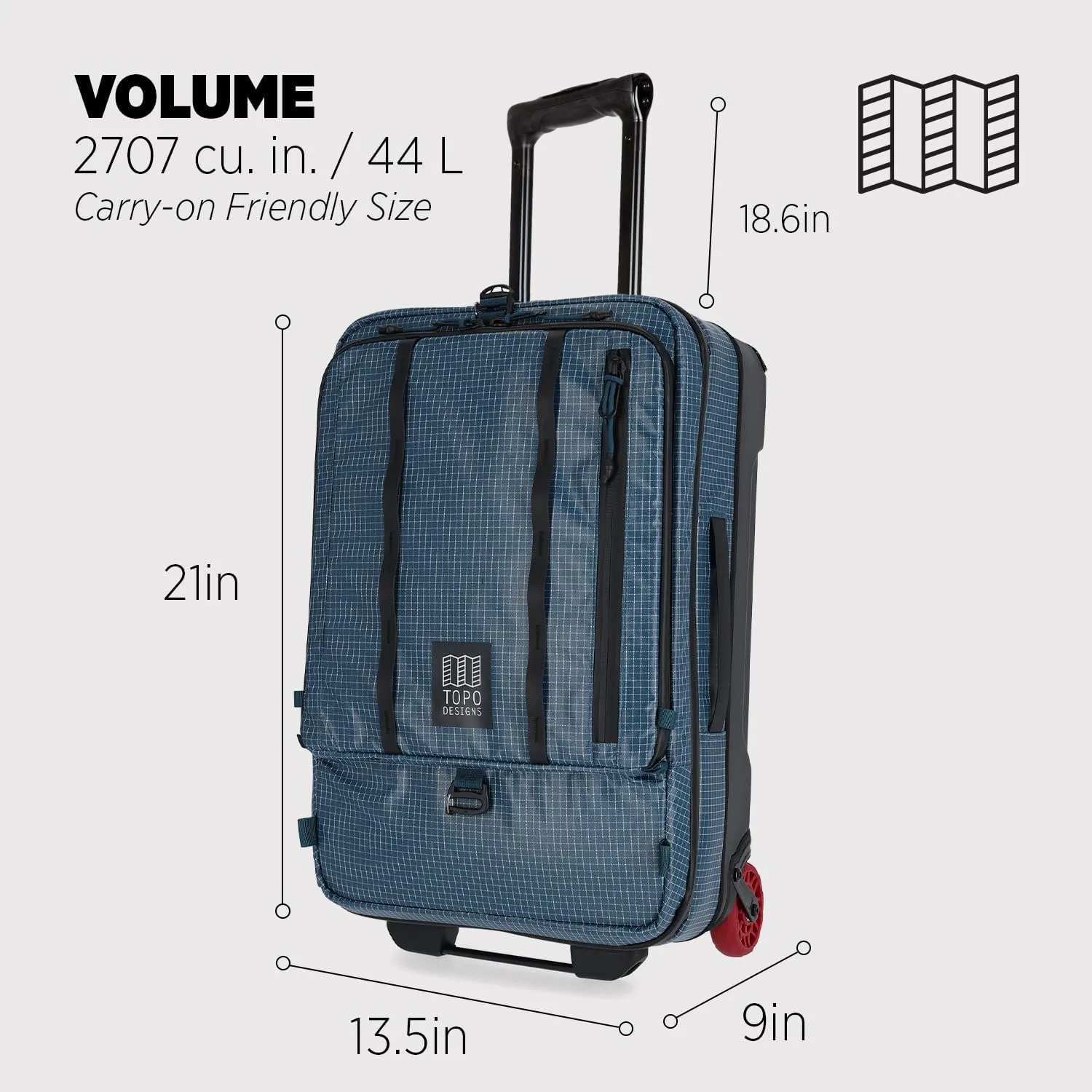 Topo Designs Global Travel Roller Bag Suitcase, 44L Carry-On, 3 Handles, Smooth Heavy Duty Wheels, Telescoping Handle, Durable   Rugged, WRAP Certified, PFAS Free (Apex Pond Blue)