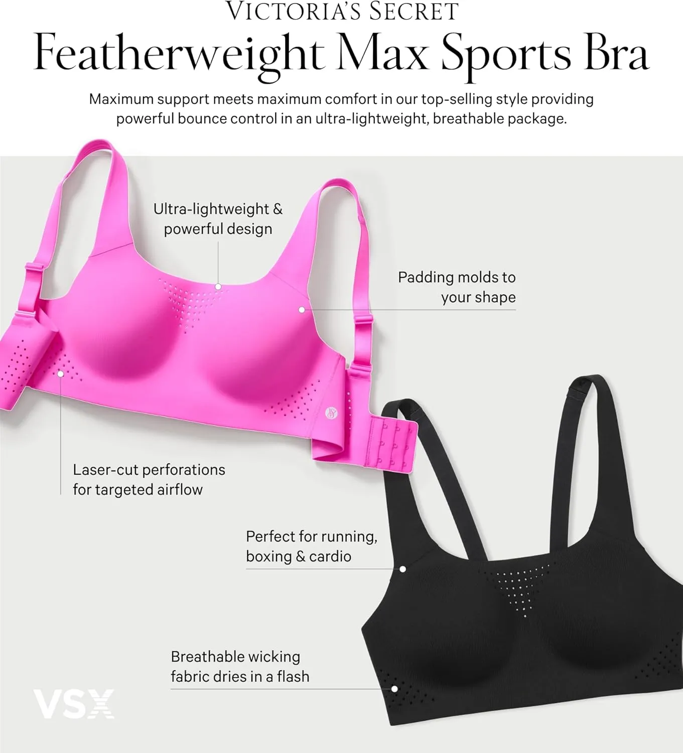 Victoria's Secret Women's VSX Featherweight Max Sports Bra, High Impact Wireless (32A-38DD)
