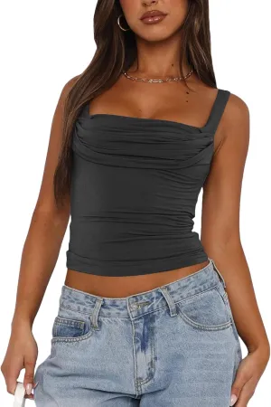 Vivitulip Womens Sleeveless Square Neck Strappy Tank Top Sexy Ruched Backless Going Out Crop Camisole Tops