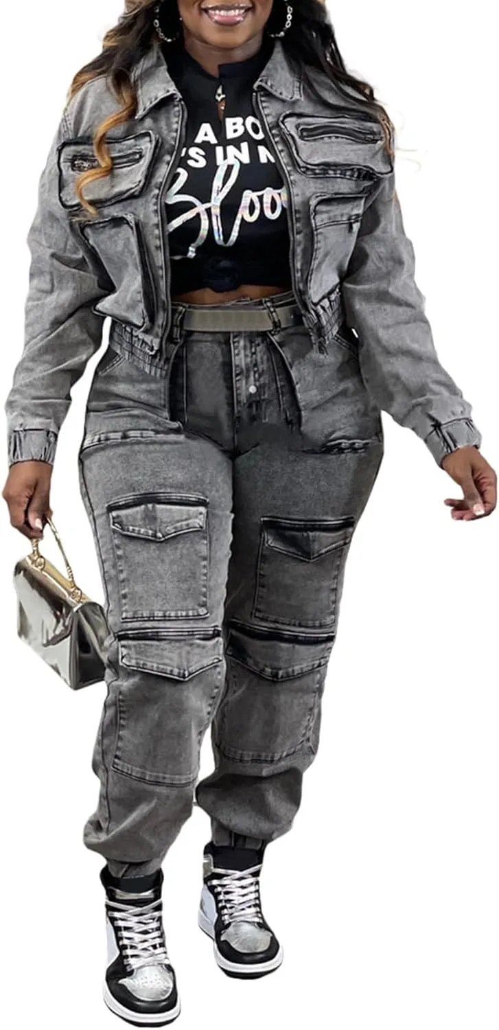 Voghtic Women's Two Piece Denim Outfits Long Sleeve Zipper Jean Jacket Cargo Pant Matching Sets