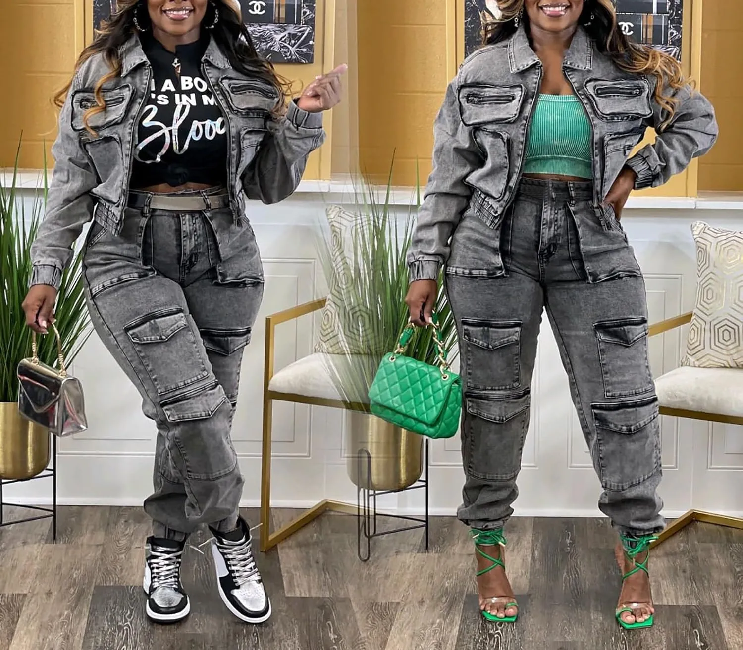 Voghtic Women's Two Piece Denim Outfits Long Sleeve Zipper Jean Jacket Cargo Pant Matching Sets