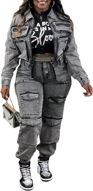 Voghtic Women's Two Piece Denim Outfits Long Sleeve Zipper Jean Jacket Cargo Pant Matching Sets