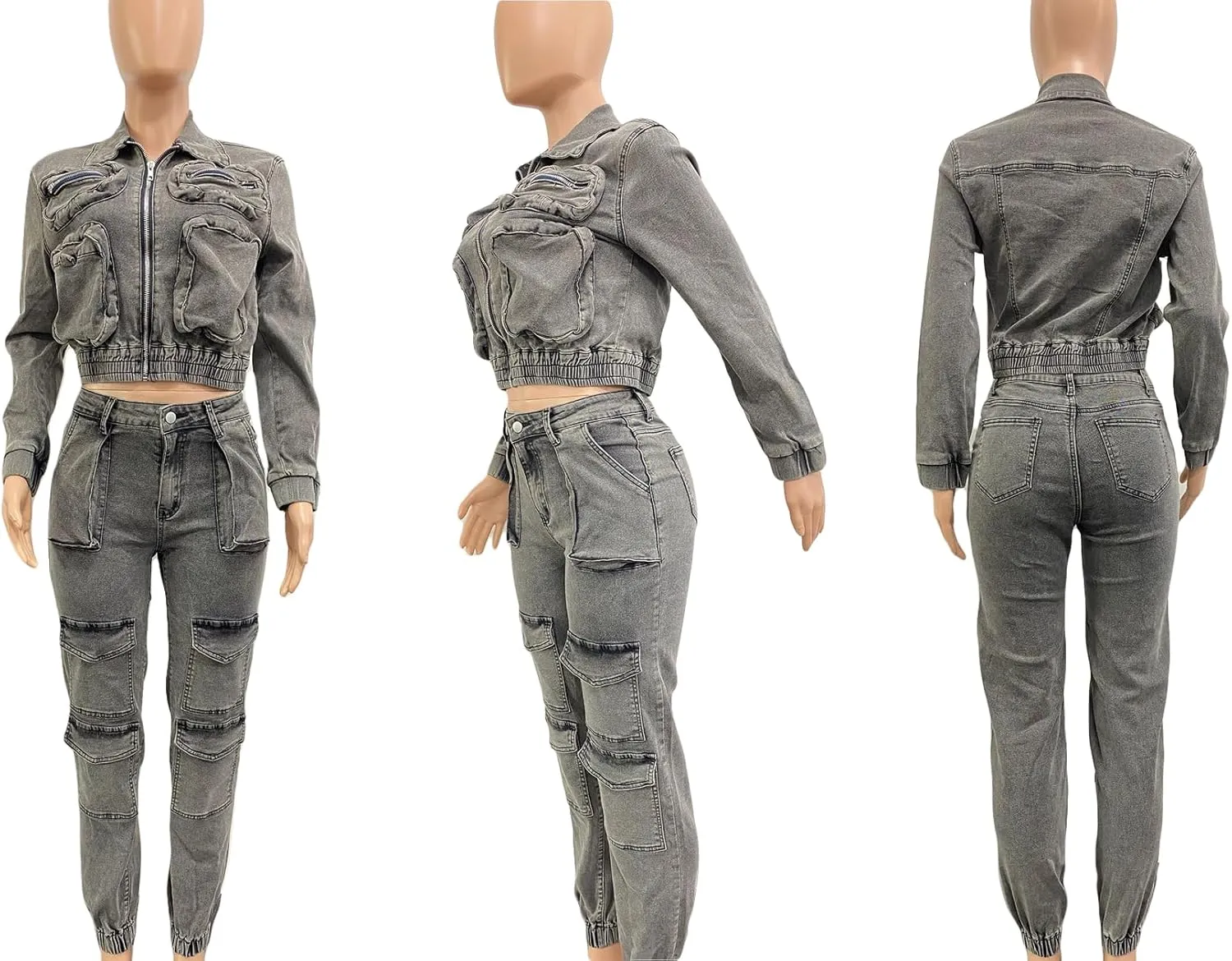 Voghtic Women's Two Piece Denim Outfits Long Sleeve Zipper Jean Jacket Cargo Pant Matching Sets