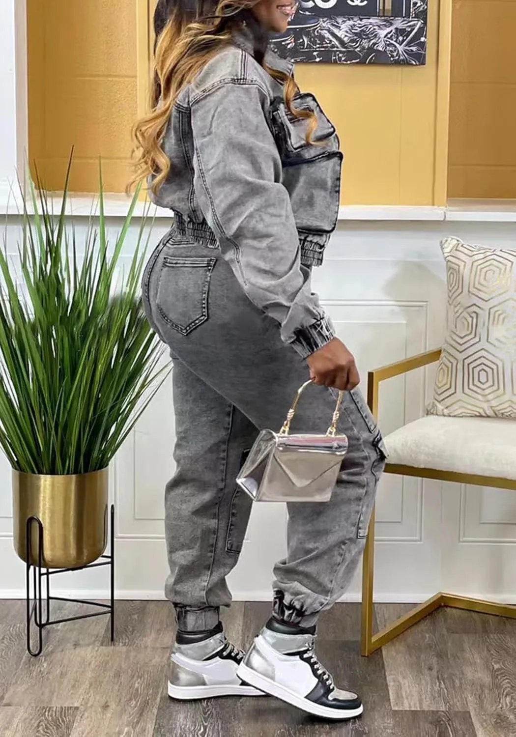 Voghtic Women's Two Piece Denim Outfits Long Sleeve Zipper Jean Jacket Cargo Pant Matching Sets