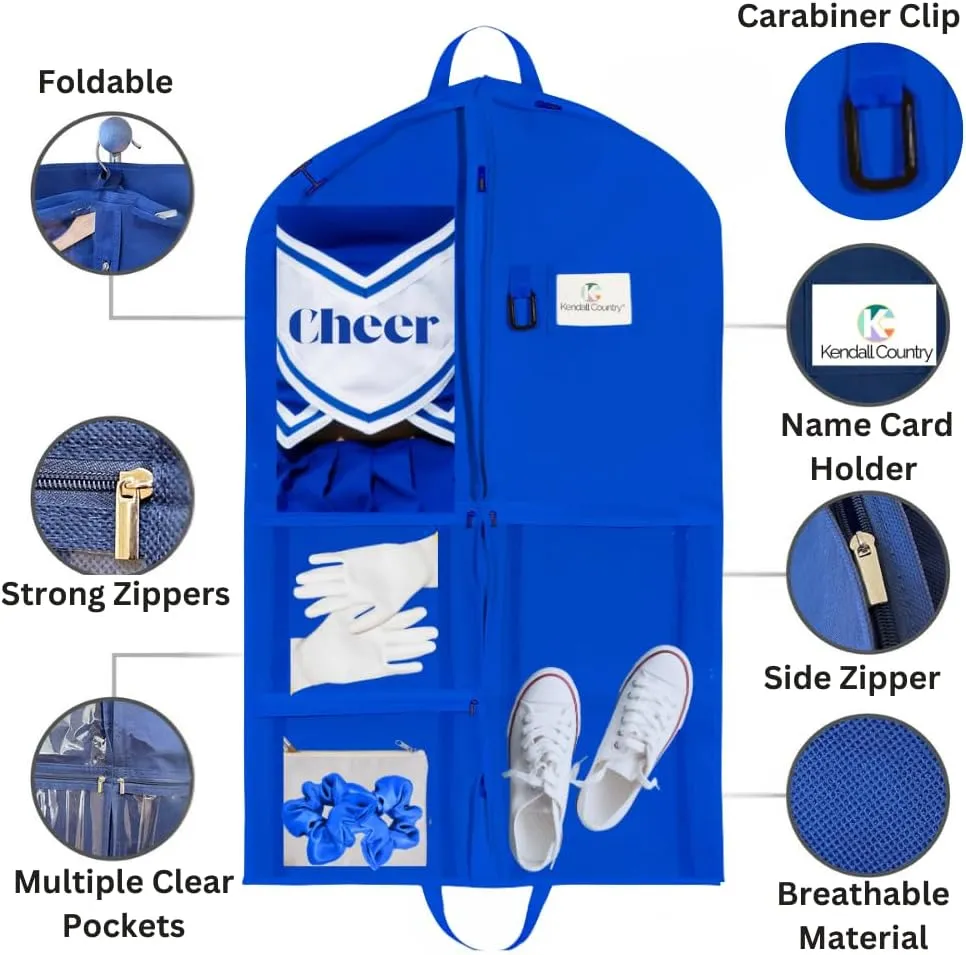 Waterproof Hanging Garment Bag 40 inch Clothes Bag with Gusset, 5 Pockets Side Zip for Dance Costumes Sports Skating Theatre Pageants Cheer Cosplay Kendall Country (Royal, 40 inch)