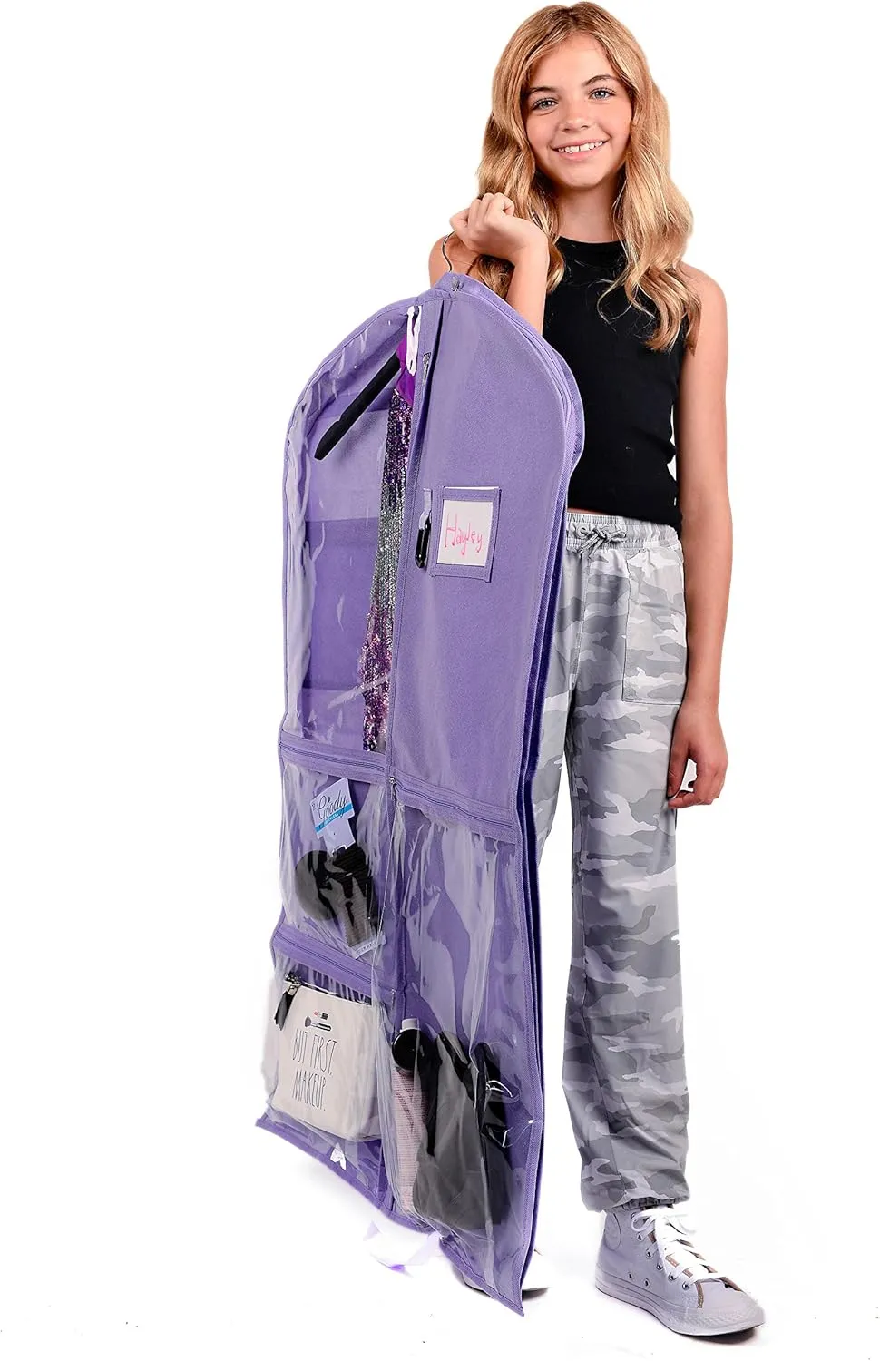 Waterproof Hanging Garment Bag 40 inch, Pockets & Side Zip for Clothes, Dance Costumes, Sports, Skating, Theatre, Pageants (Lavender)