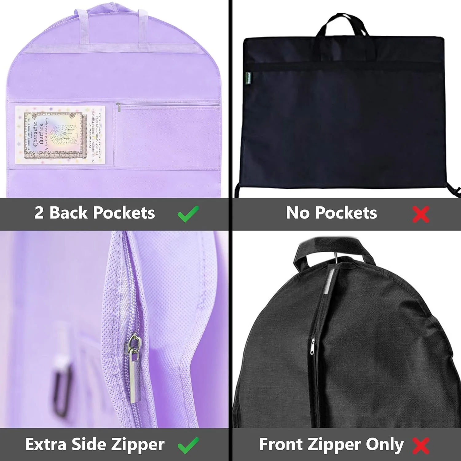 Waterproof Hanging Garment Bag 40 inch, Pockets & Side Zip for Clothes, Dance Costumes, Sports, Skating, Theatre, Pageants (Lavender)