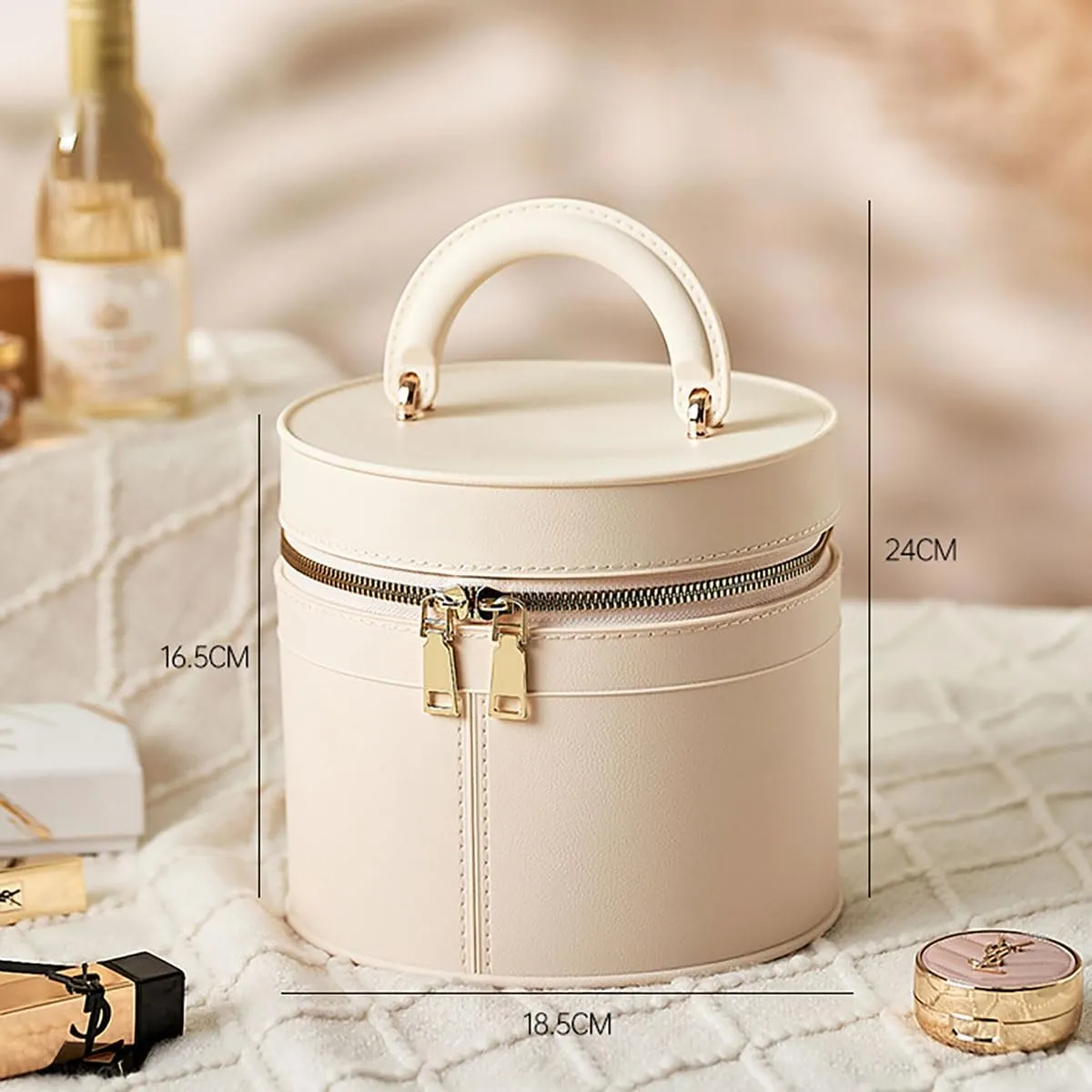 Waterproof TPE Travel Makeup Bag  Large Capacity Cosmetic Organizer with Handle, White Round Toiletry Bag for Womens Skincare & Beauty Essentials