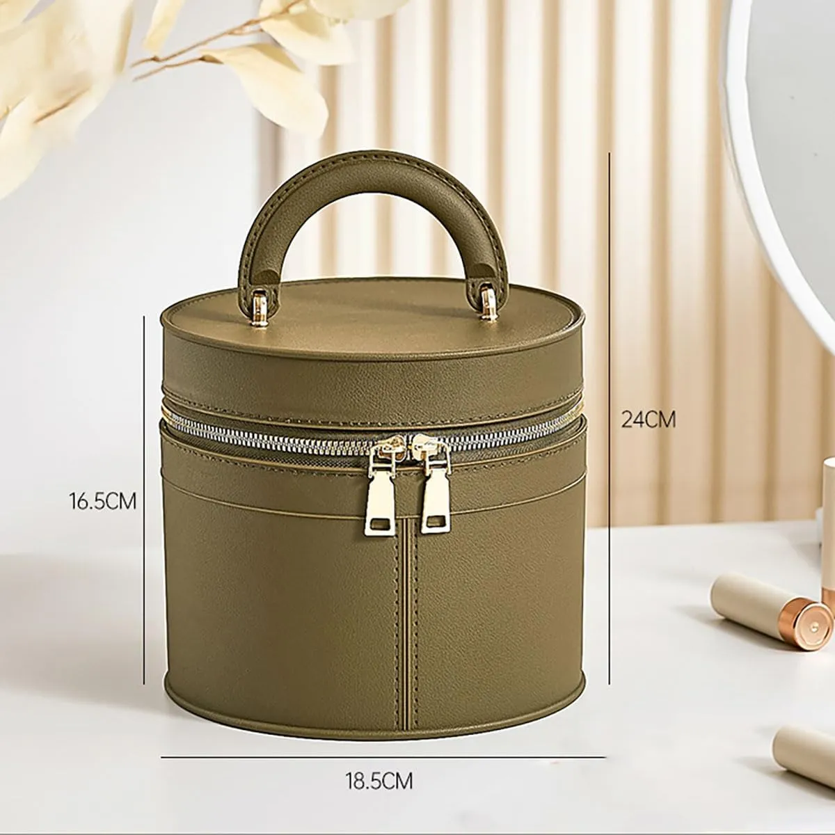 Waterproof Travel Makeup Bag  Large Capacity Cosmetic Organizer with Handle, Green Round Toiletry Bag for Womens Skincare & Beauty Essentials or as a Gift