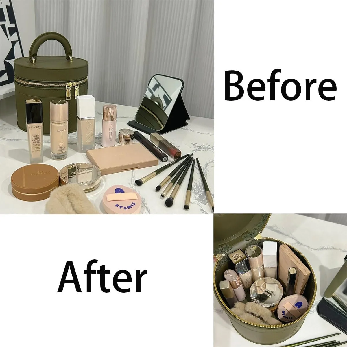 Waterproof Travel Makeup Bag  Large Capacity Cosmetic Organizer with Handle, Green Round Toiletry Bag for Womens Skincare & Beauty Essentials or as a Gift