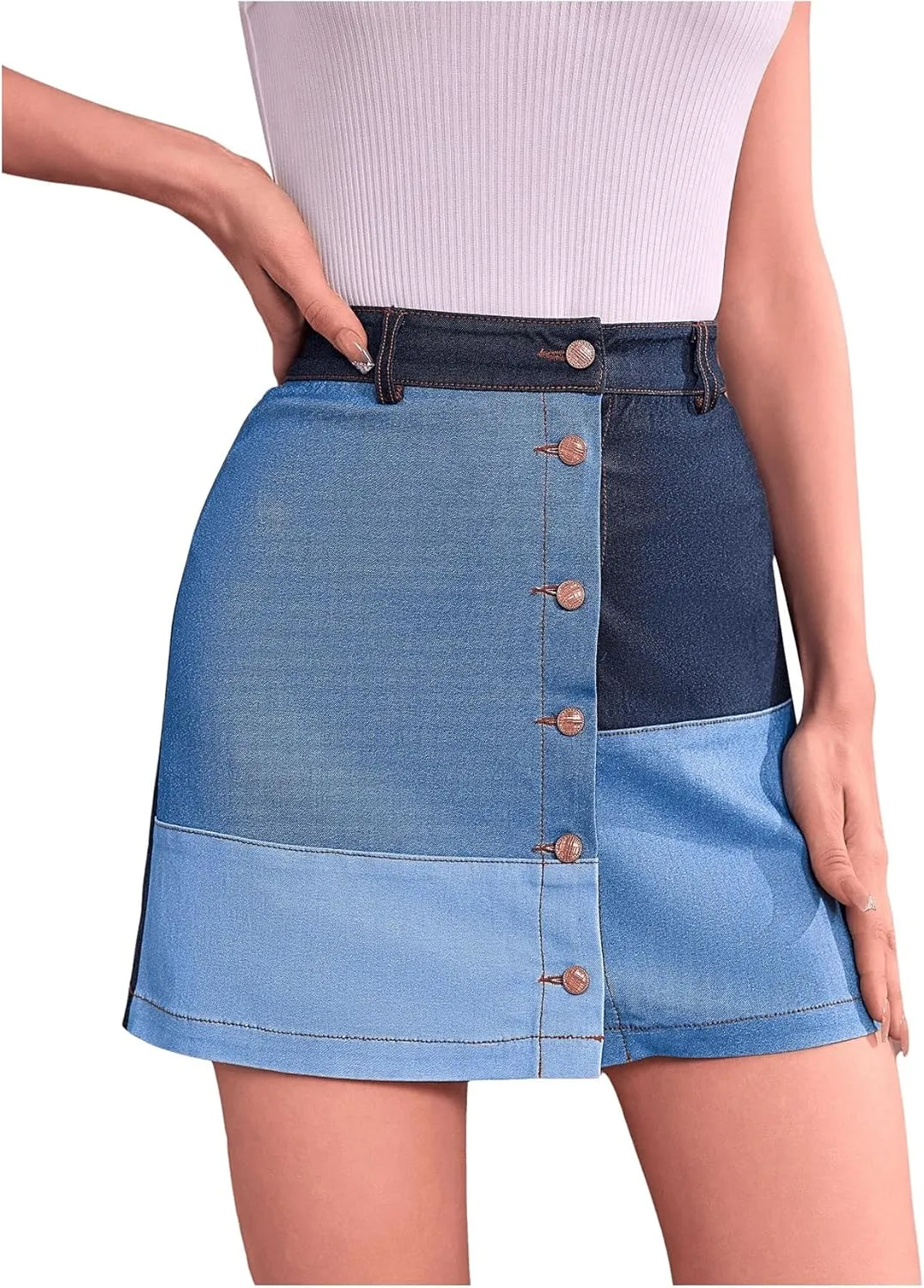 WDIRARA Women's Color Block Bodycon Denim Skirt Button Front High Waisted A Line Jean Skirts