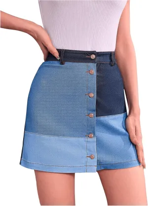 WDIRARA Women's Color Block Bodycon Denim Skirt Button Front High Waisted A Line Jean Skirts