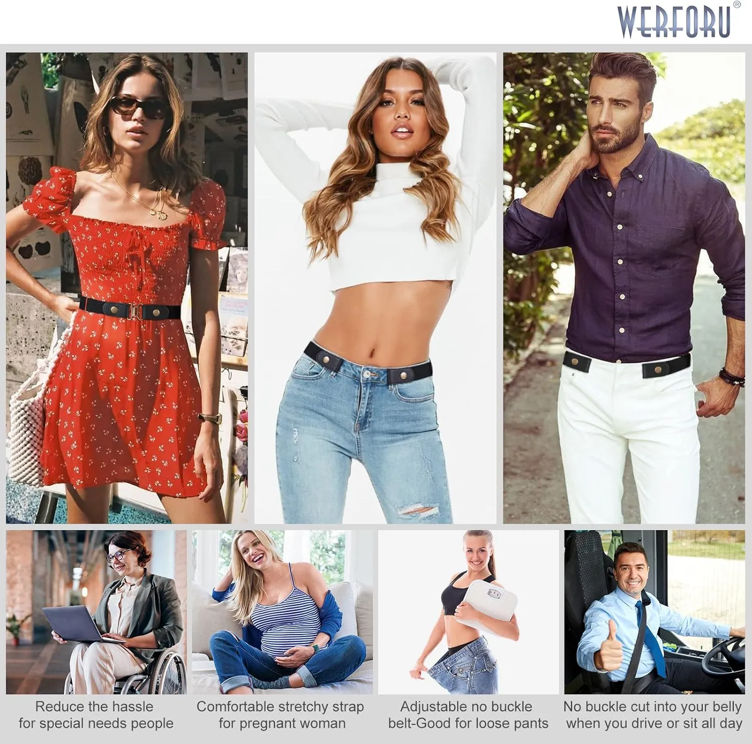 WERFORU No Buckle Stretch Belt for Women and Men Elastic Waist Belt up to 72 Inches for Jeans Pants