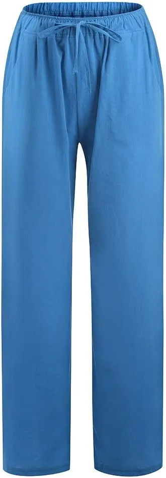Wide Leg Linen Pants Women 2025 Summer Casual Beach Vacation Pants Lightweight Plus Size Lounge Trousers with Pockets