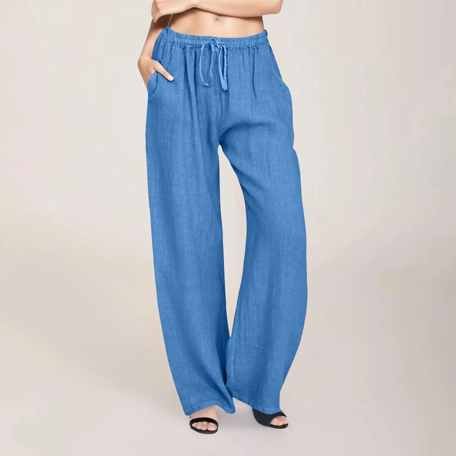 Wide Leg Linen Pants Women 2025 Summer Casual Beach Vacation Pants Lightweight Plus Size Lounge Trousers with Pockets