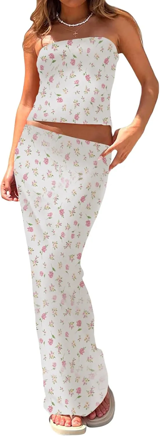 Women 2 Piece Long Skirt Set Floral Strapless Tube Top and Bodycon Maxi Skirts Summer Vintage Streetwear