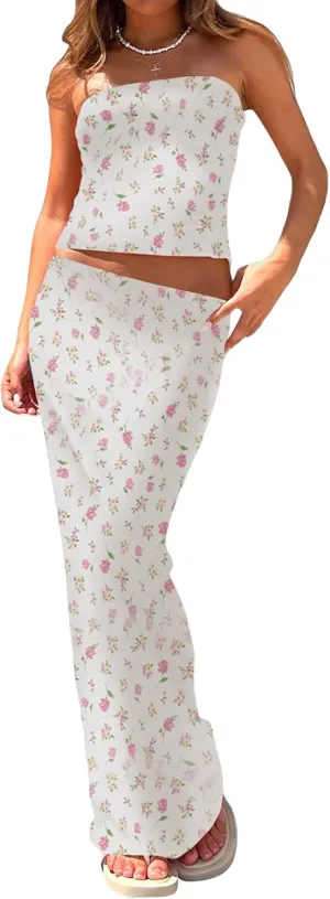 Women 2 Piece Long Skirt Set Floral Strapless Tube Top and Bodycon Maxi Skirts Summer Vintage Streetwear