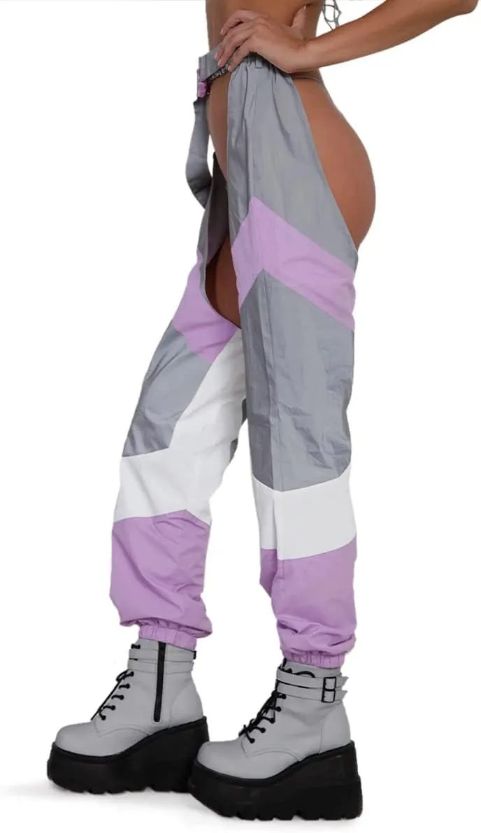 Women Buckle Bottomless Pants Sexy High Waist Rave Chaps Hollow Out Cargo Crotch Pants See Through Long Rave Leggings
