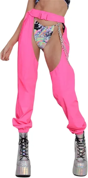 Women Buckle Bottomless Pants Sexy High Waist Rave Chaps Hollow Out Cargo Crotch Pants See Through Long Rave Leggings