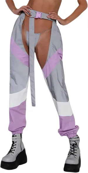 Women Buckle Bottomless Pants Sexy High Waist Rave Chaps Hollow Out Cargo Crotch Pants See Through Long Rave Leggings