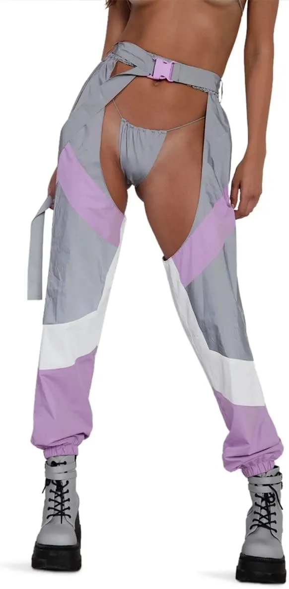 Women Buckle Bottomless Pants Sexy High Waist Rave Chaps Hollow Out Cargo Crotch Pants See Through Long Rave Leggings