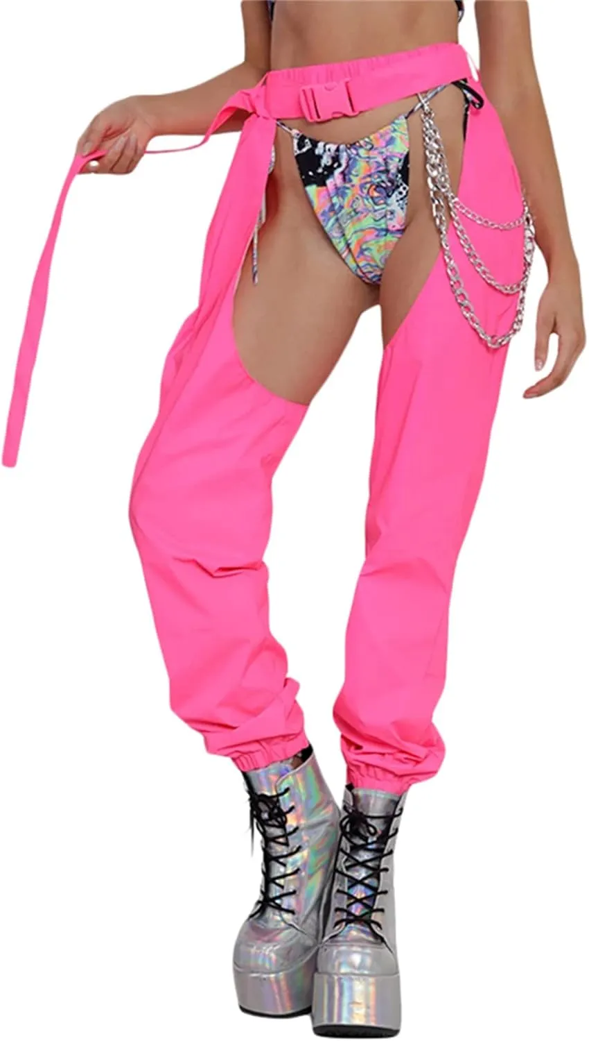 Women Buckle Bottomless Pants Sexy High Waist Rave Chaps Hollow Out Cargo Crotch Pants See Through Long Rave Leggings