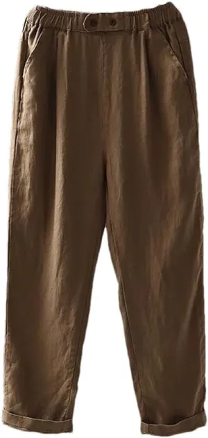 Women Cotton Linen Ankle-Length Trousers Female Elastic Waist Casual Loose Solid Harem Pants