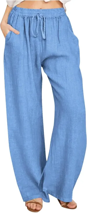 Women Cotton Linen Palazzo Pants Summer Flowy Wide Leg Trousers with Pockets High Waist Drawstring Beach Lounge Pants