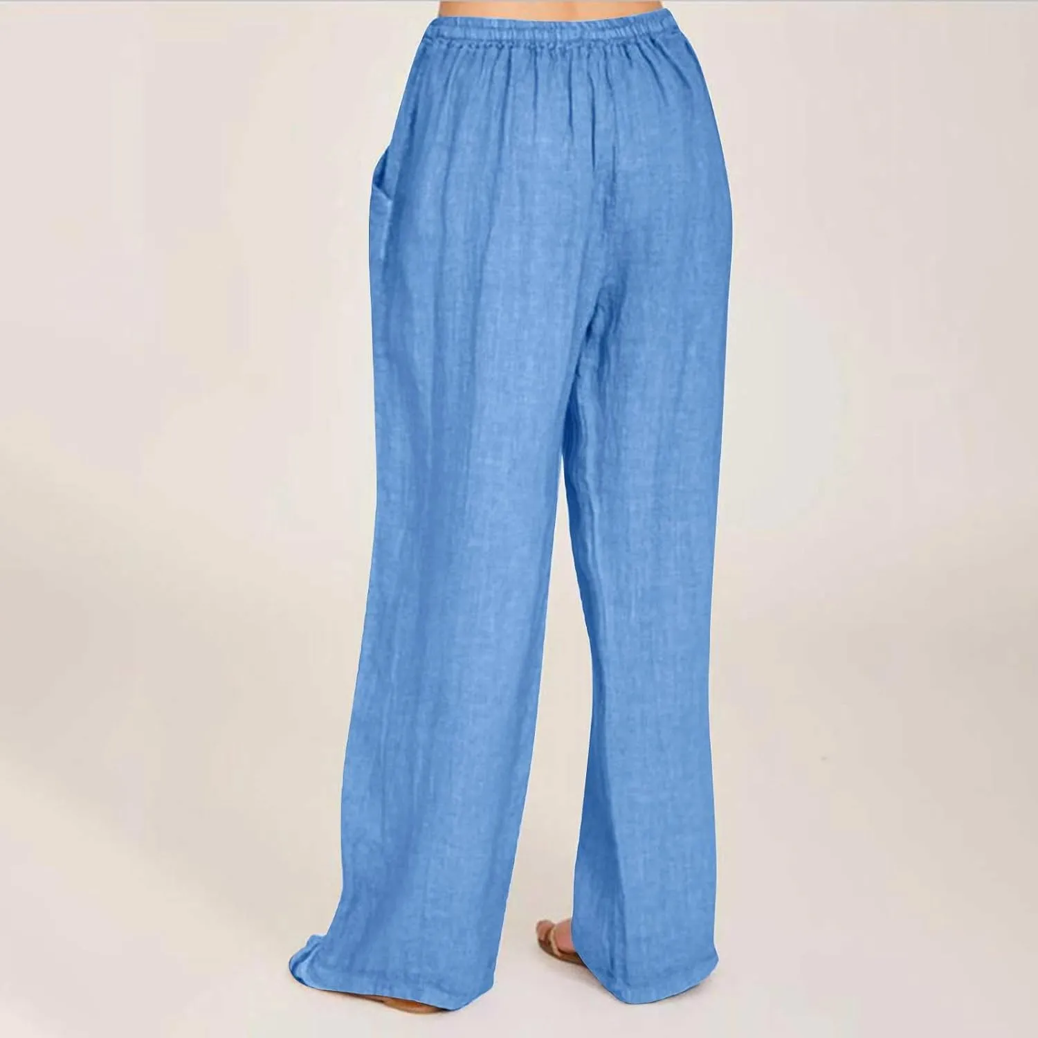 Women Cotton Linen Palazzo Pants Summer Flowy Wide Leg Trousers with Pockets High Waist Drawstring Beach Lounge Pants